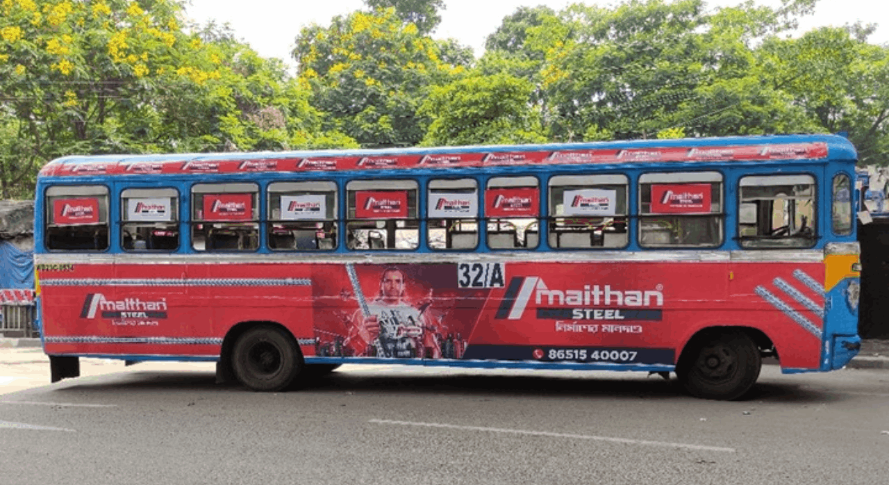 Bus branding advertisement showcasing vibrant graphics