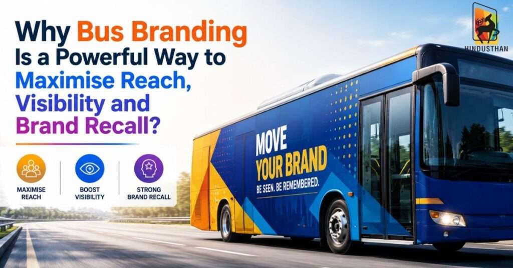 Realistic branded bus driving on a city road with colourful advertising graphics, alongside icons representing reach, visibility, and brand recall.