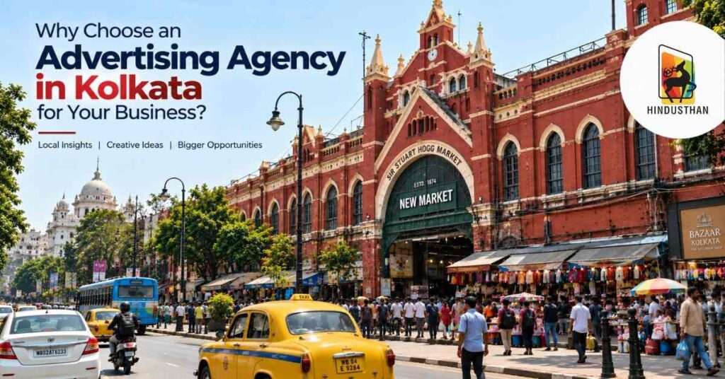 Realistic view of Kolkata’s New Market with busy streets, yellow taxis, public transport, pedestrians, and the historic market building, representing advertising opportunities and business visibility in Kolkata.