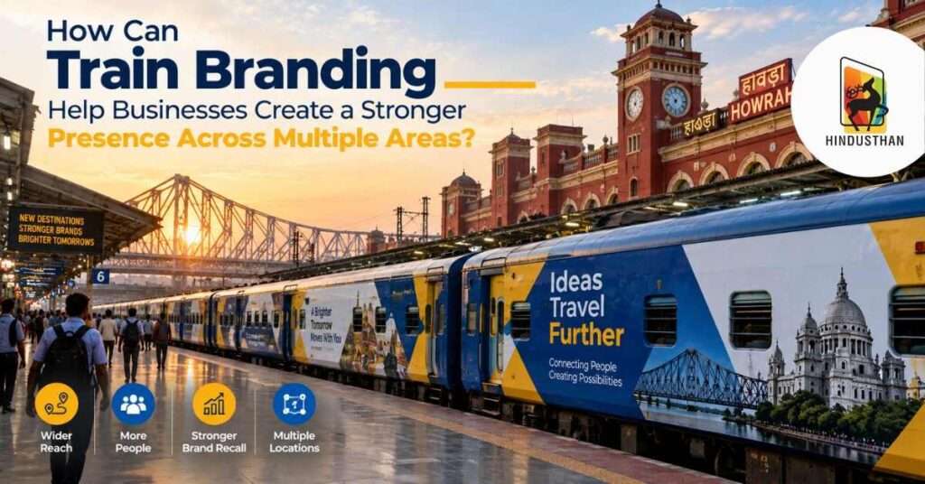 Branded passenger train at Howrah Station with Howrah Bridge in the background, illustrating wider reach, stronger brand recall, and visibility across multiple areas.