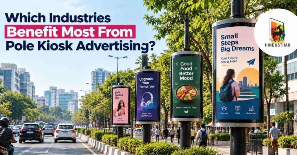 Ultra-realistic urban street with pole kiosk advertisements displaying fictional slogans for education, retail, health, and lifestyle brands, alongside modern buildings, greenery, and city traffic.