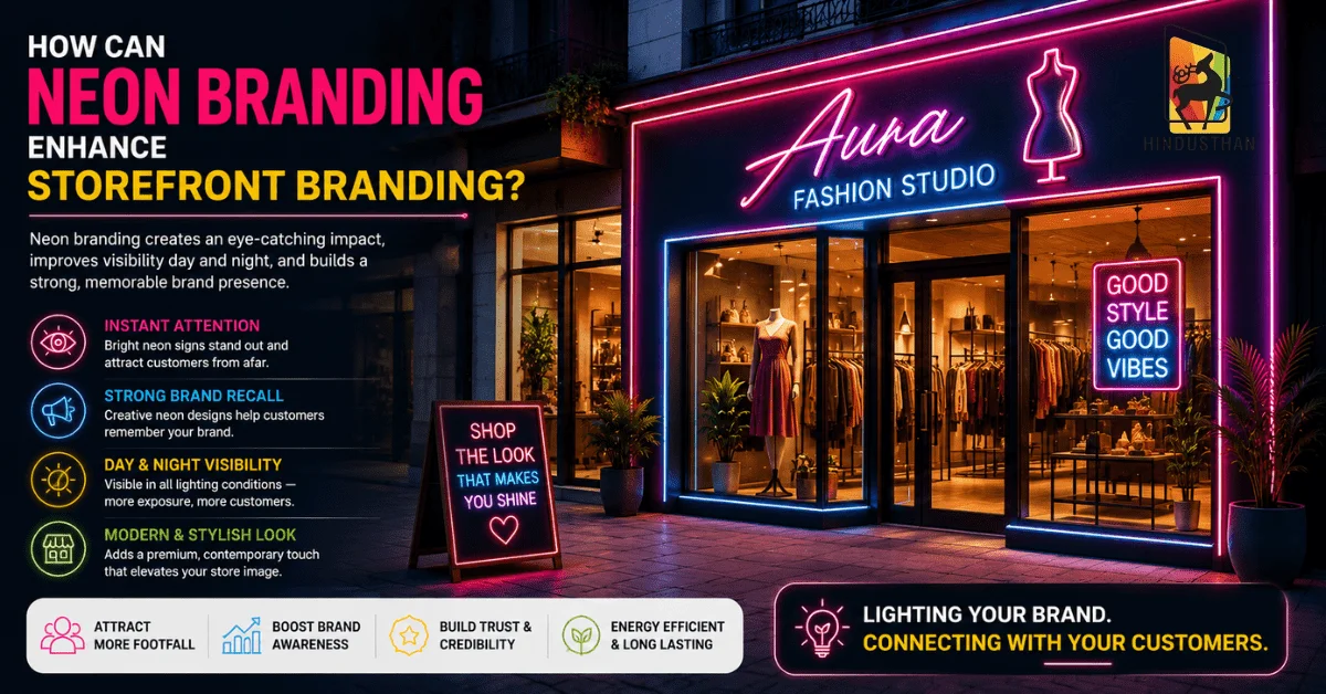 Neon storefront branding with illuminated signage enhancing shop visibility, brand appeal, and customer attraction.