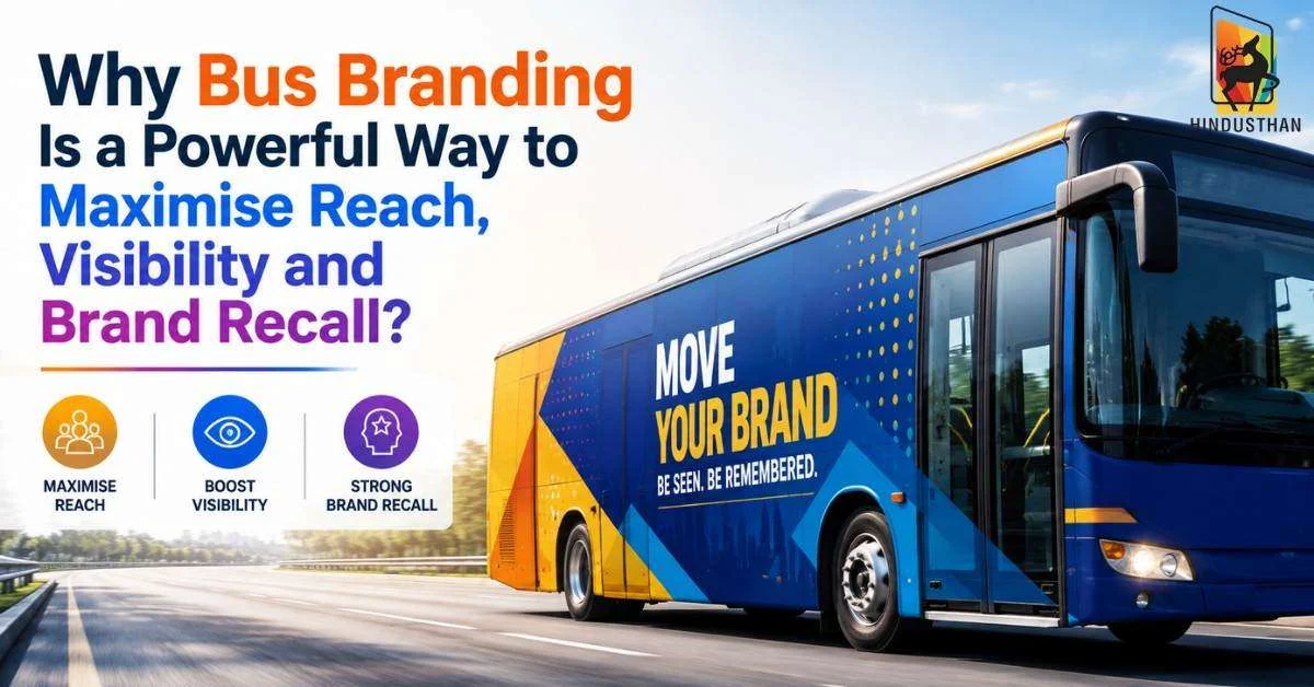 Realistic branded bus driving on a city road with colourful advertising graphics, alongside icons representing reach, visibility, and brand recall.
