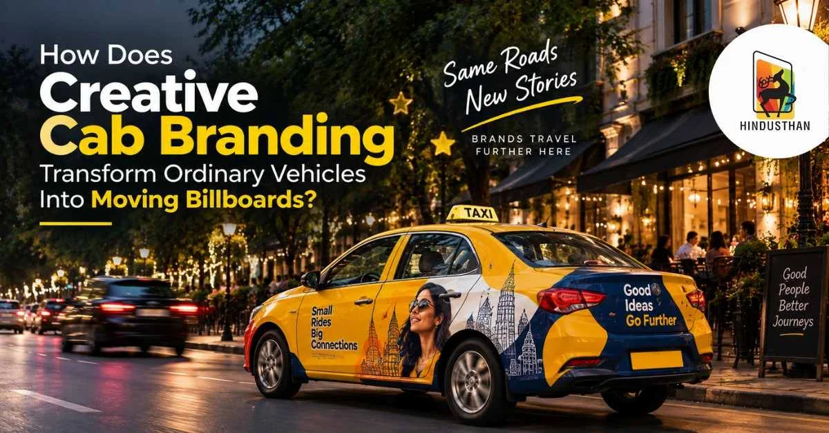 Realistic branded yellow cab driving through a busy city street at night, showcasing creative vehicle advertising and moving billboard design.